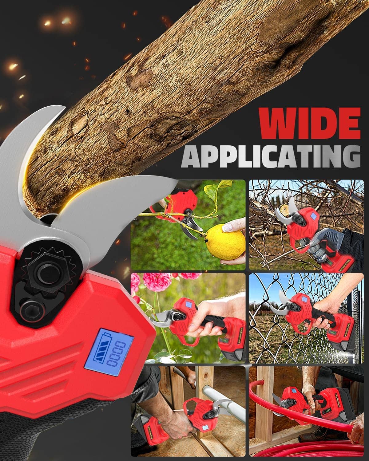 Red electric pruning shears with wide application head and multi-task usage icons