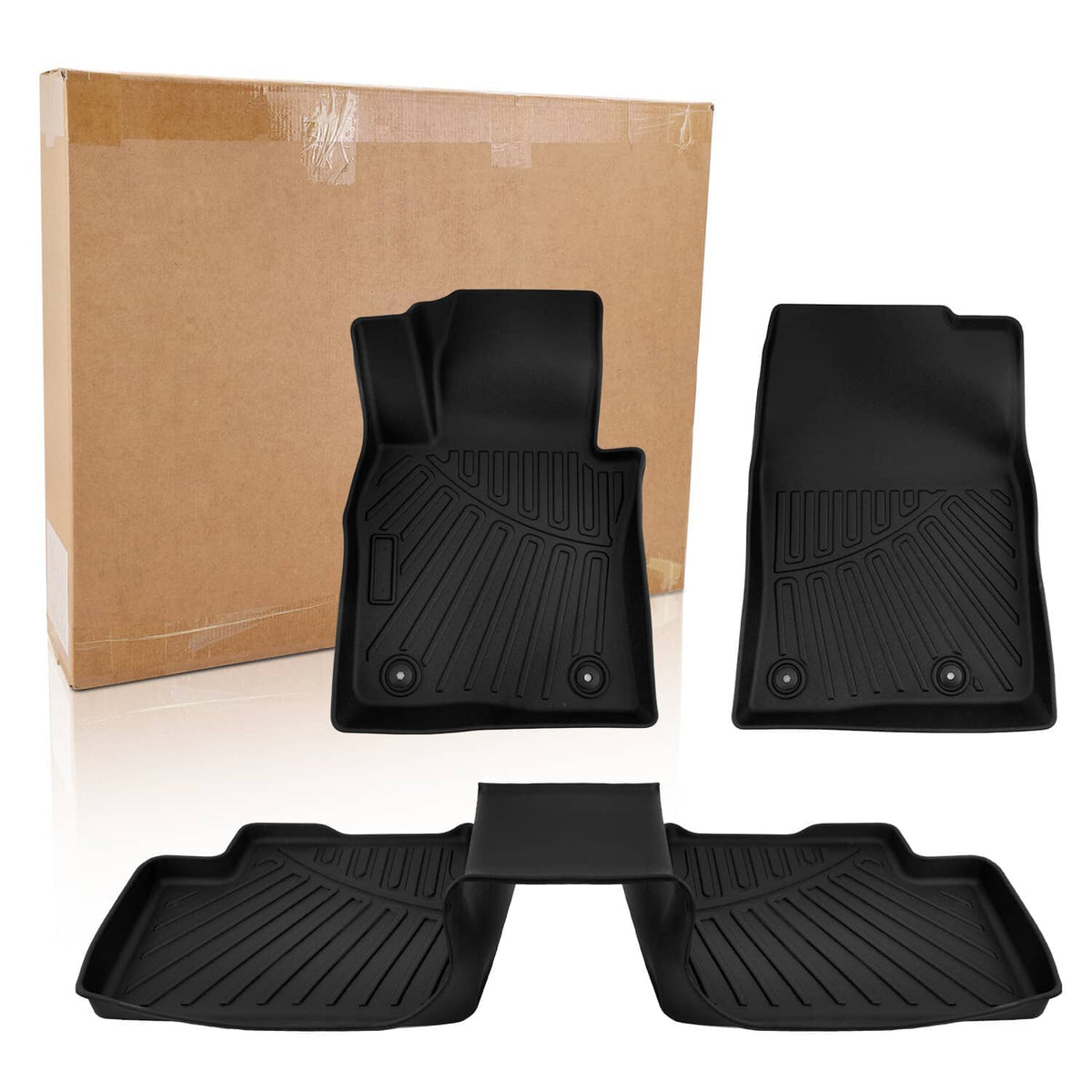 Set of black TPE rubber floor mats with raised grooves, textured surface