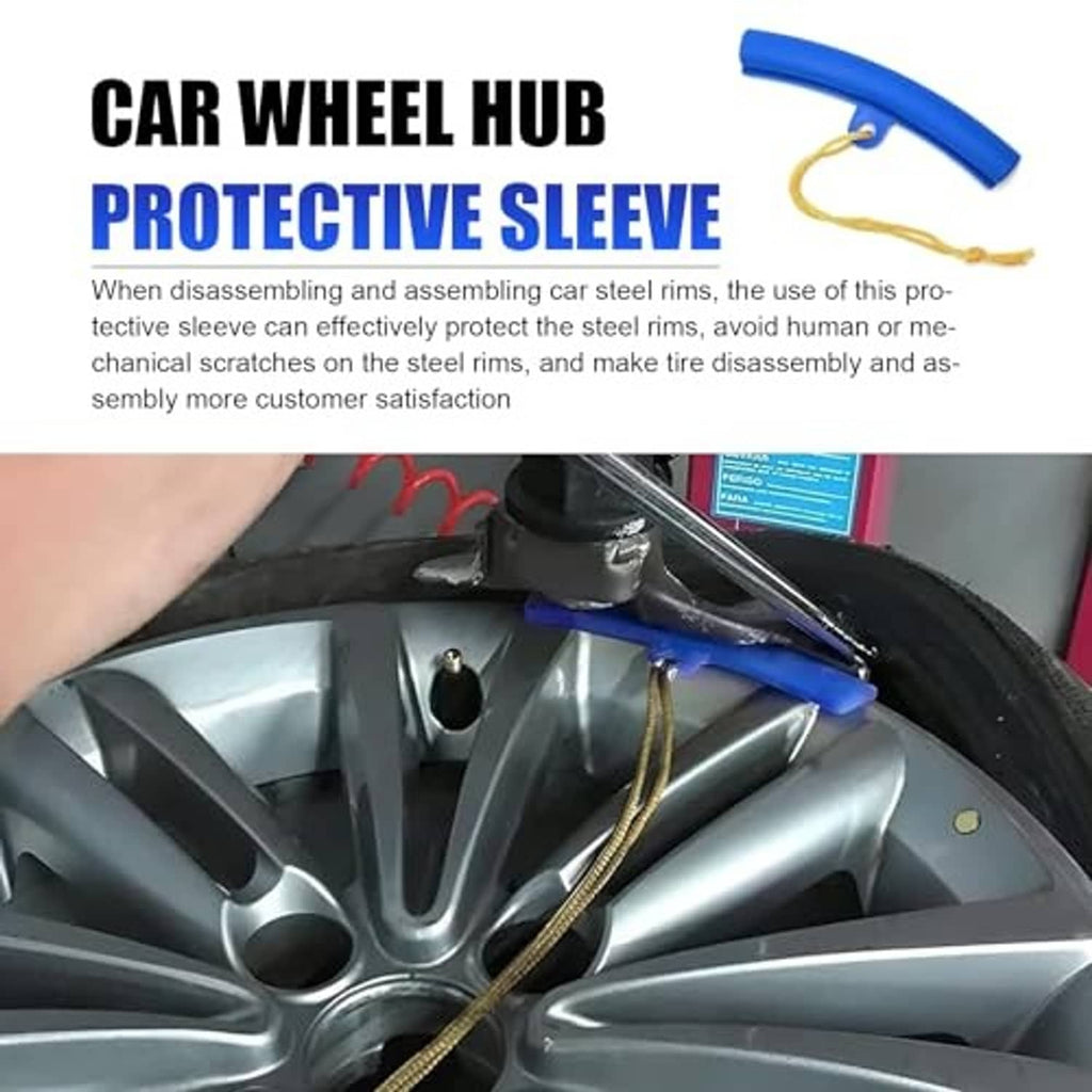 Blue wheel hub protective sleeve with gold cord attached to an alloy rim