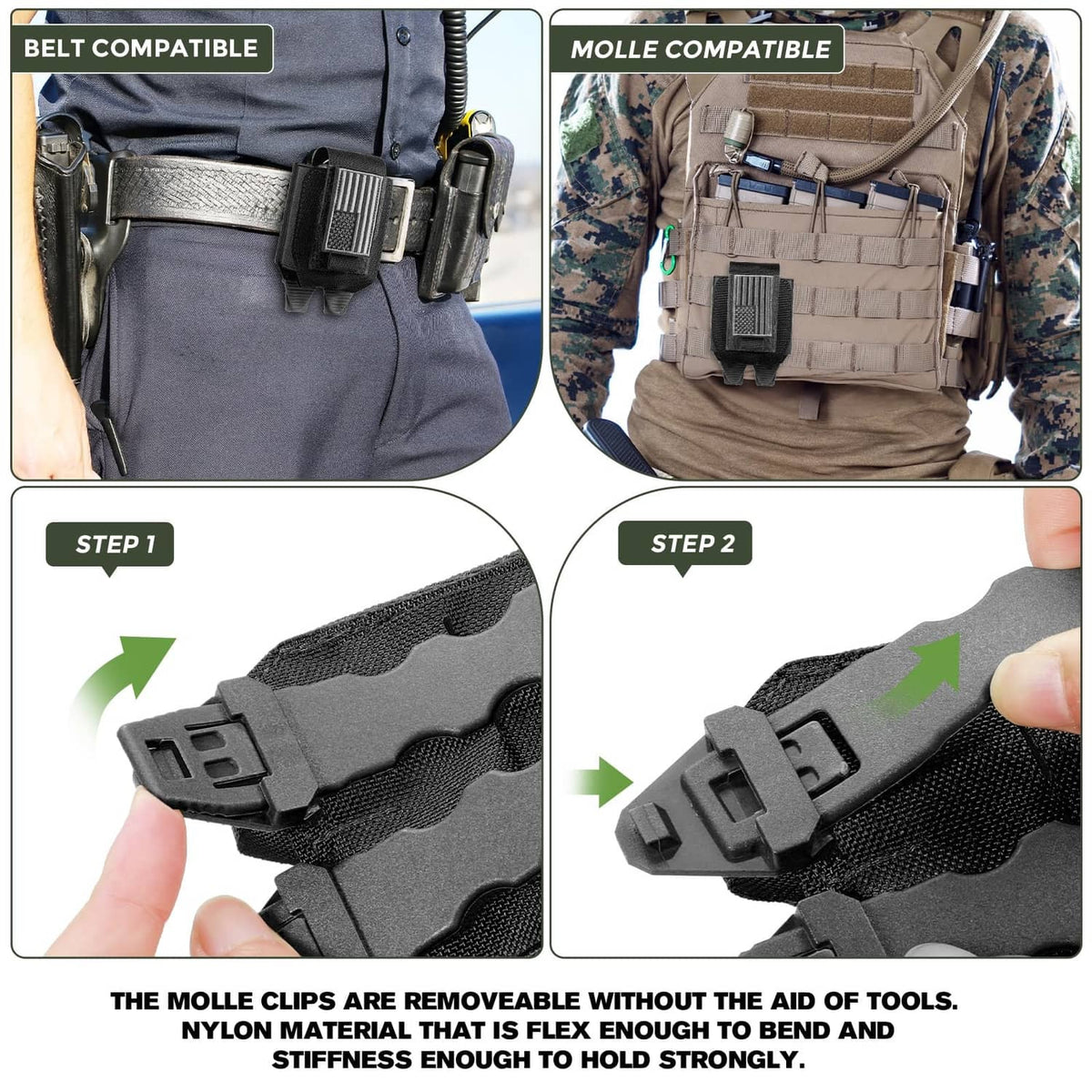 Black MOLLE-compatible handcuff pouch with belt attachment clips and looped mounting tabs