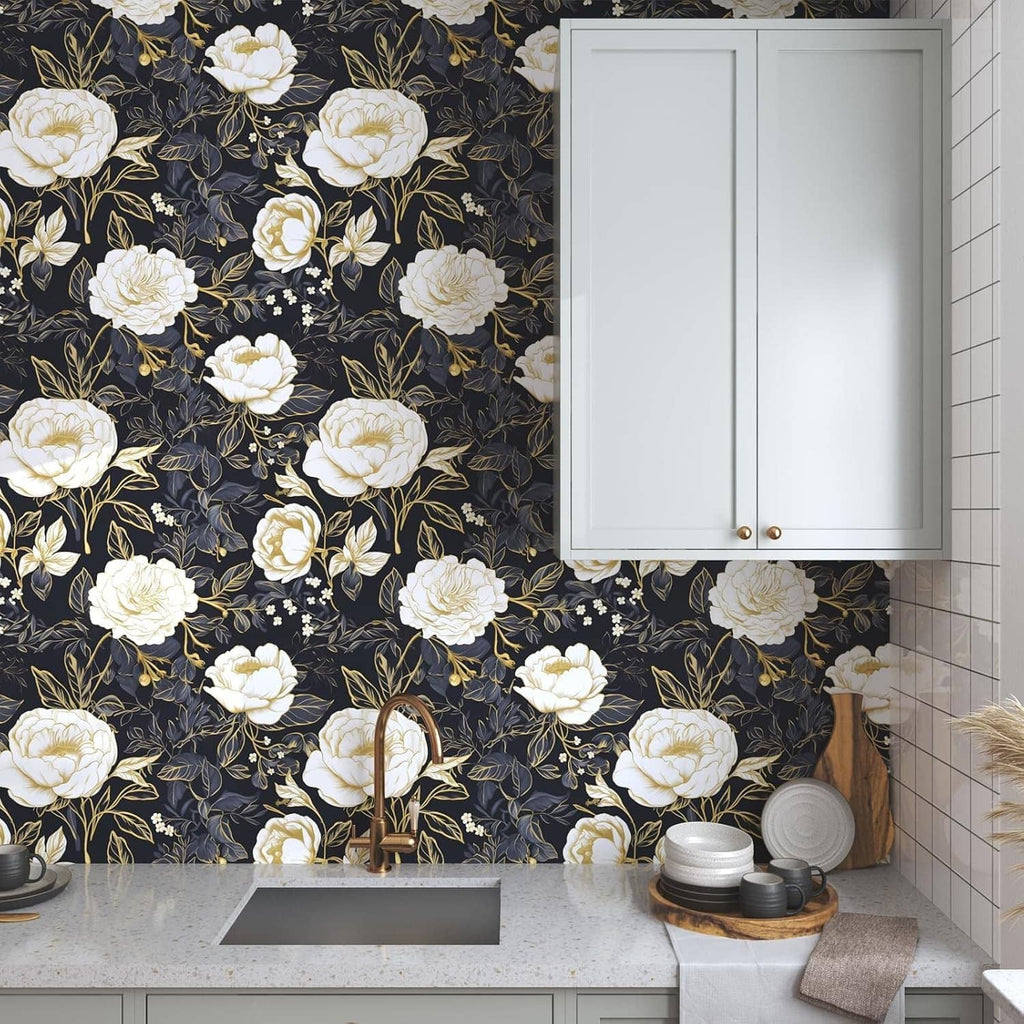 Contact paper wallpaper design: white rose blooms with gold leaves on dark blue wall