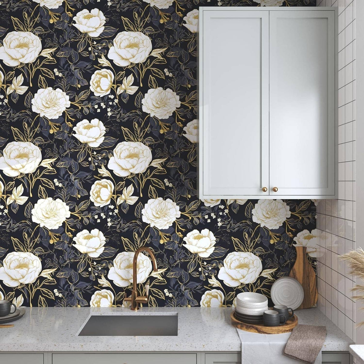 Contact paper wallpaper design: white rose blooms with gold leaves on dark blue wall