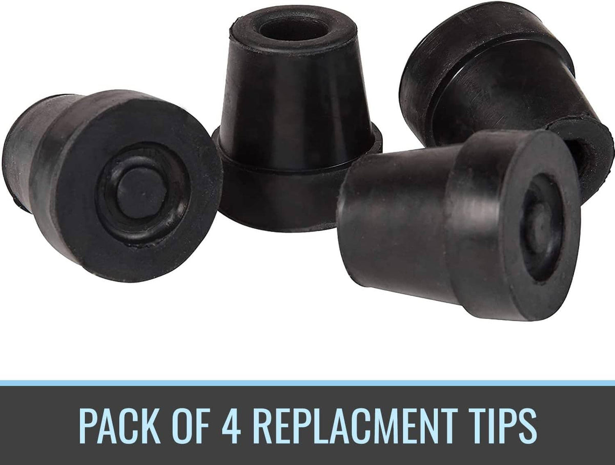 Pack of four black rubber replacement cane tips shown at angles with circular openings