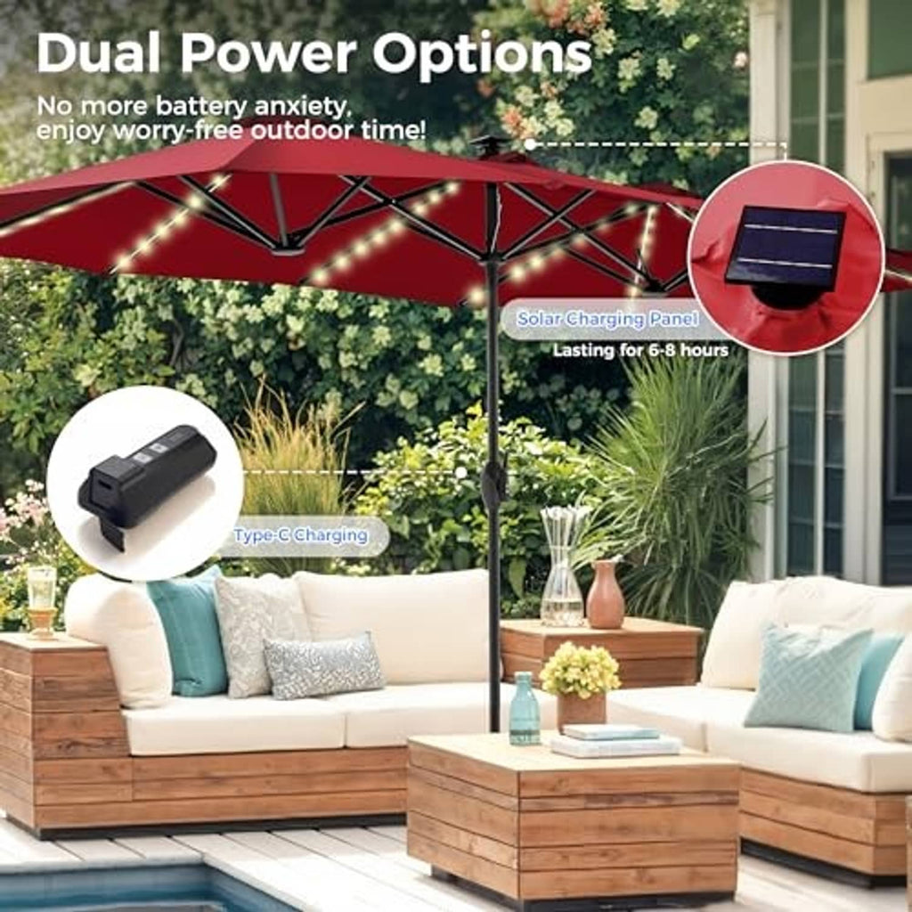 Solar charging panel and USB-C adapter on a burgundy patio umbrella pole.