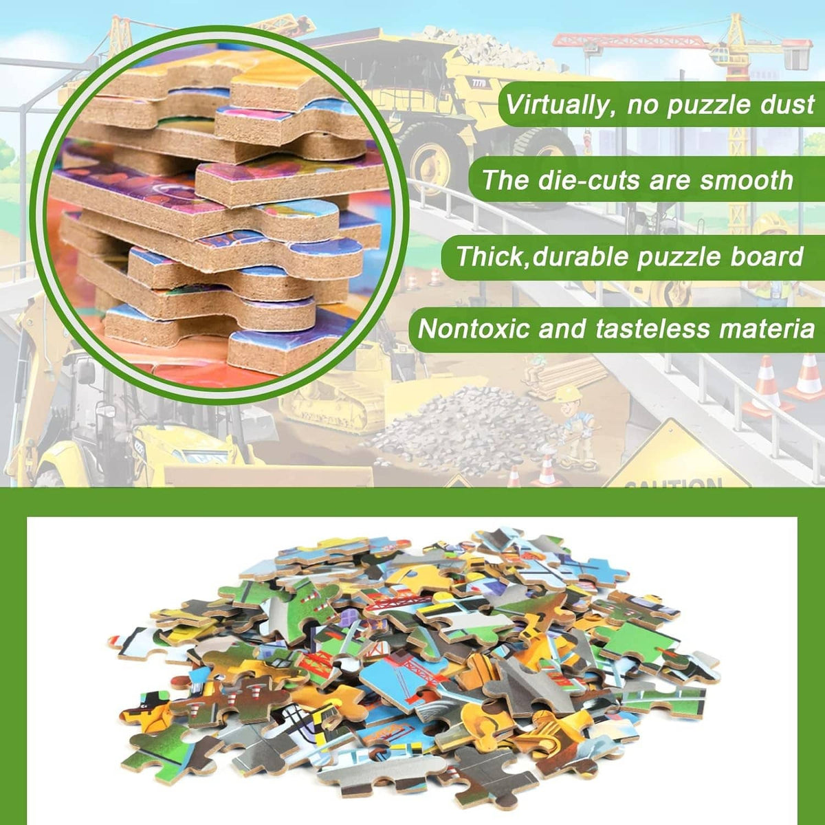 Stacked puzzle pieces with smooth die-cuts for construction site jigsaw set