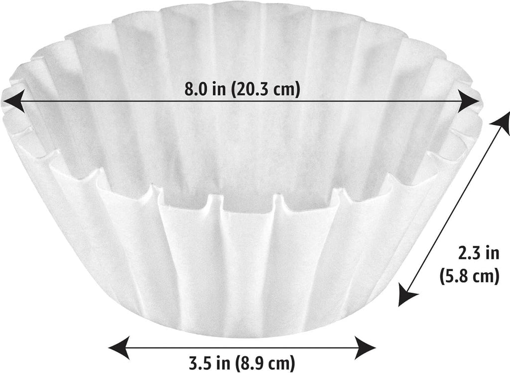 White basket coffee filter showing size dimensions for 8–12 cup brewing