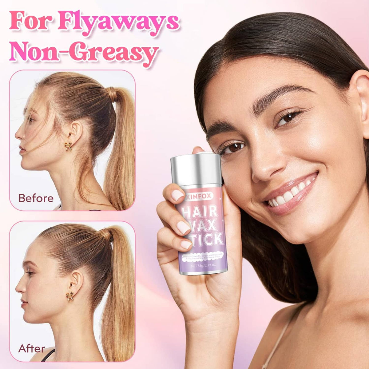 Hair wax stick held in hand, smooth ponytail styling shown with before/after