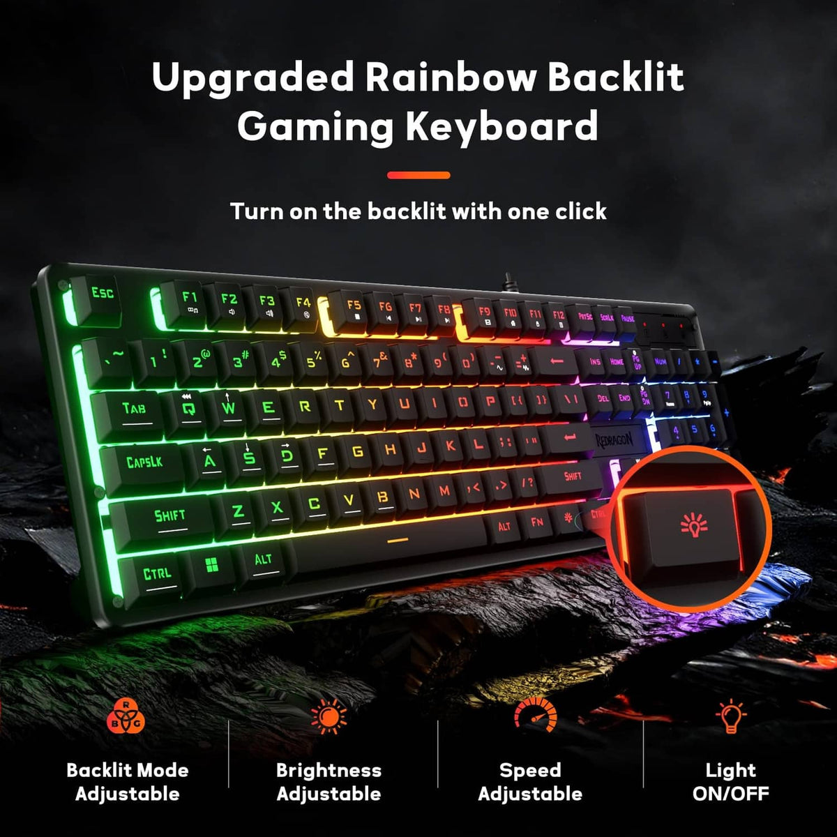Black 104-key wired gaming keyboard with rainbow backlit keys and lighting control button
