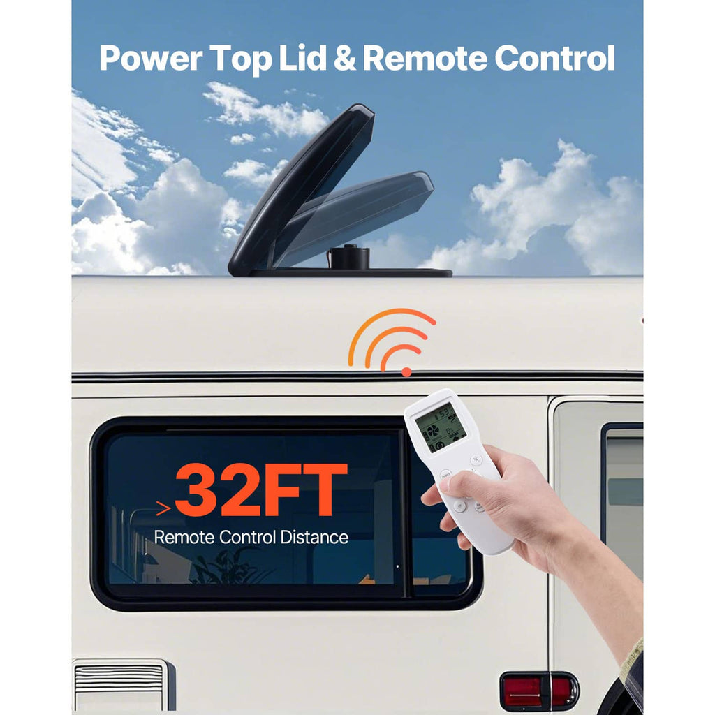 Roof vent fan with raised top lid and handheld remote control for operation