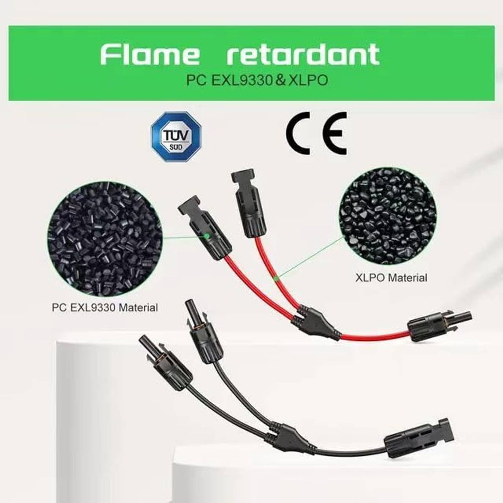 Flame-retardant MC4 Y connector cable set with black housings and red leads