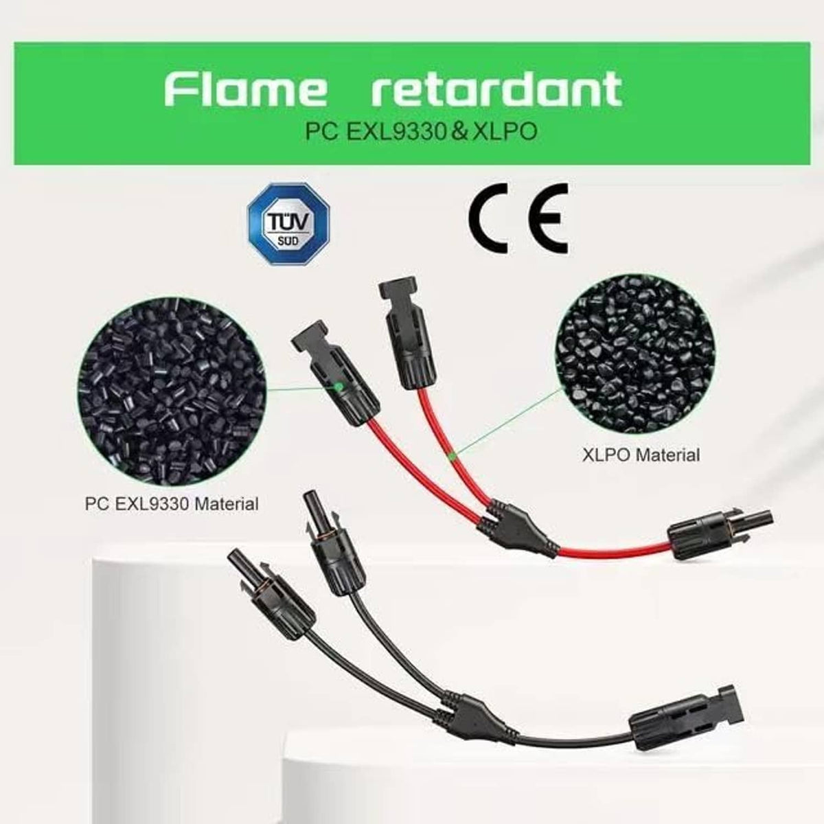 Flame-retardant MC4 Y connector cable set with black housings and red leads