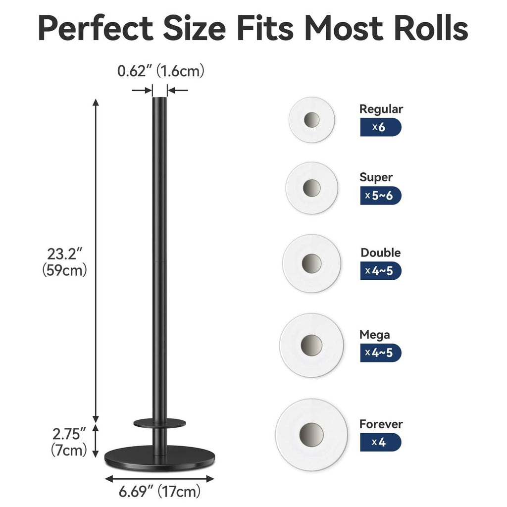 Freestanding toilet paper holder stand with tall pole, round base, and roll holder tube