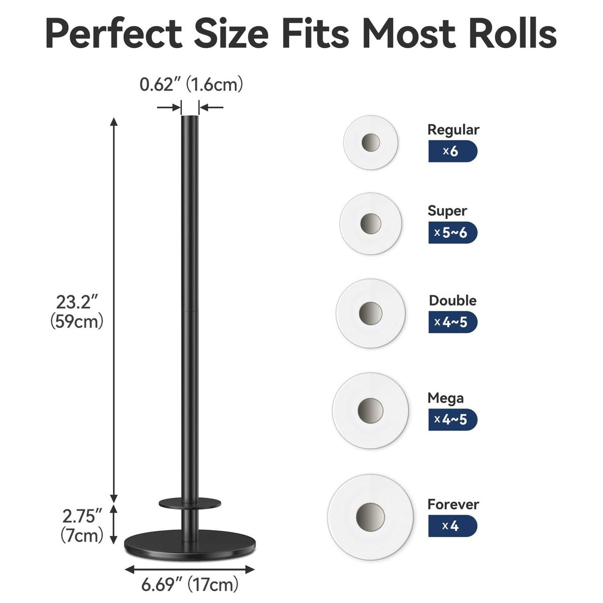 Freestanding toilet paper holder stand with tall pole, round base, and roll holder tube