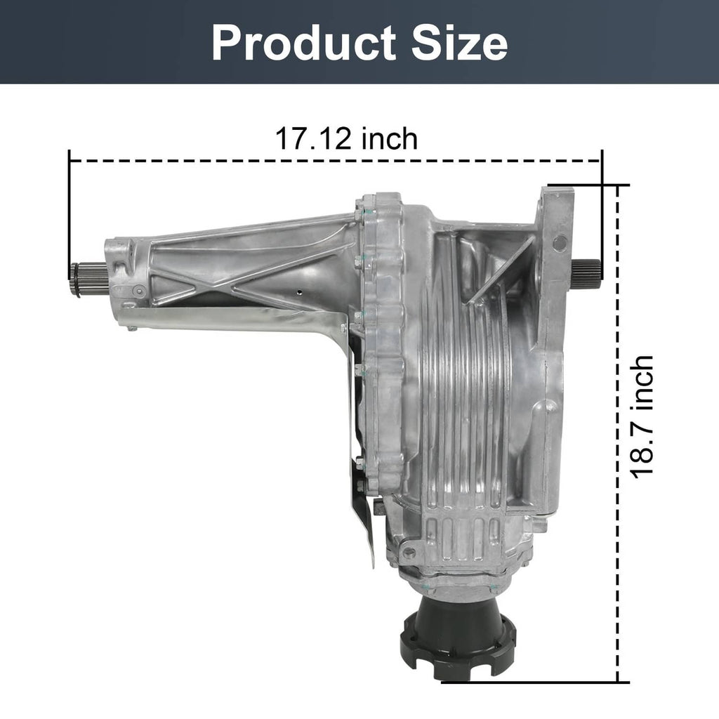 Transfer case assembly shown in profile with housing and output shaft