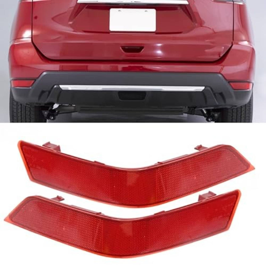 Two red rear bumper reflector pieces with textured lens and integrated mounting tabs
