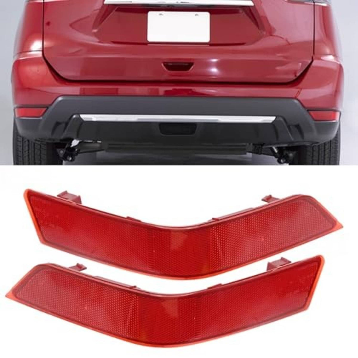 Two red rear bumper reflector pieces with textured lens and integrated mounting tabs