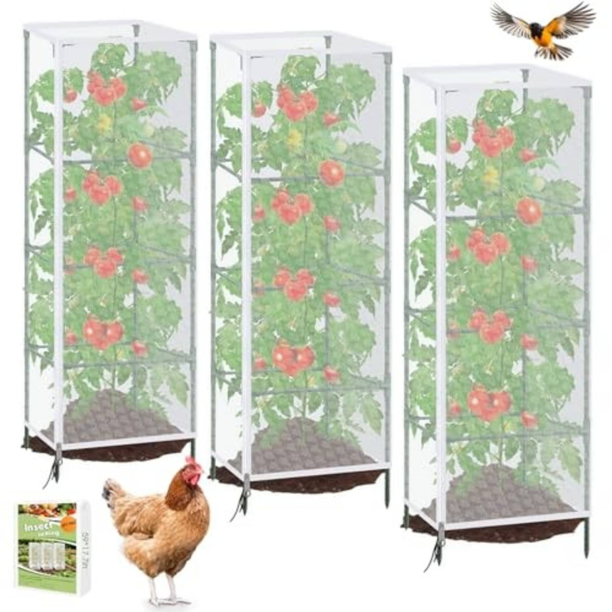 Three white mesh garden netting covers on tall frames for plant protection
