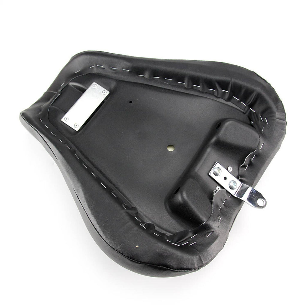 Underside of black motorcycle solo seat with metal mounting brackets