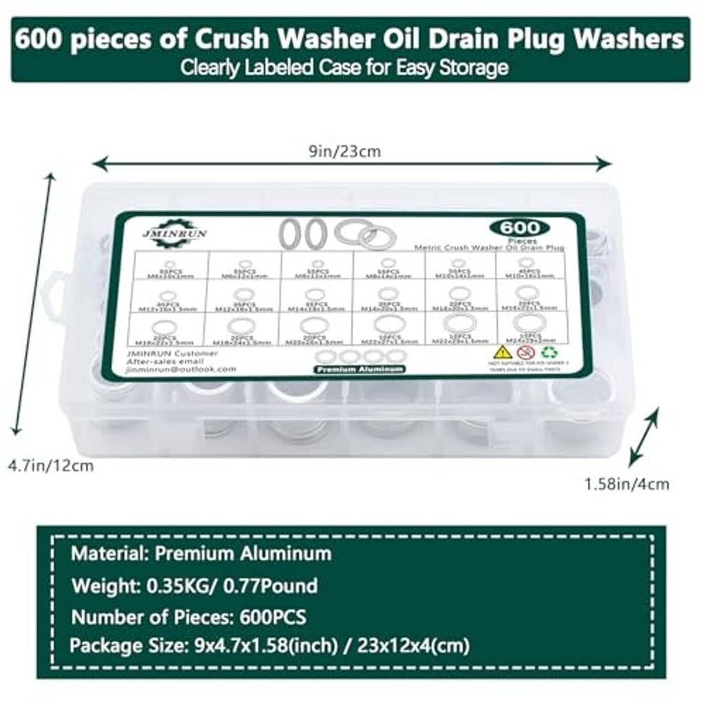 600-piece aluminum oil drain plug washer gasket kit in clear labeled organizer case