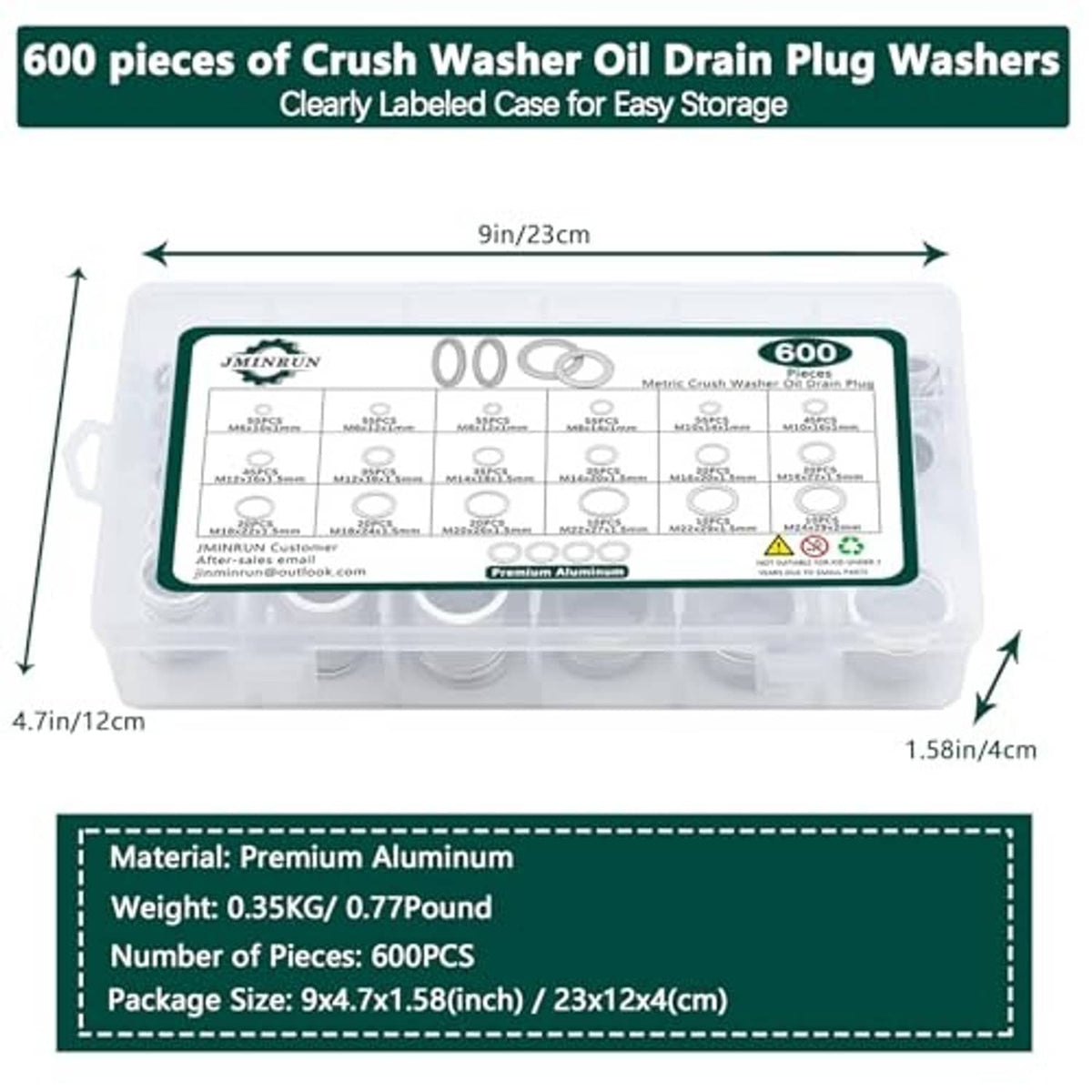 600-piece aluminum oil drain plug washer gasket kit in clear labeled organizer case