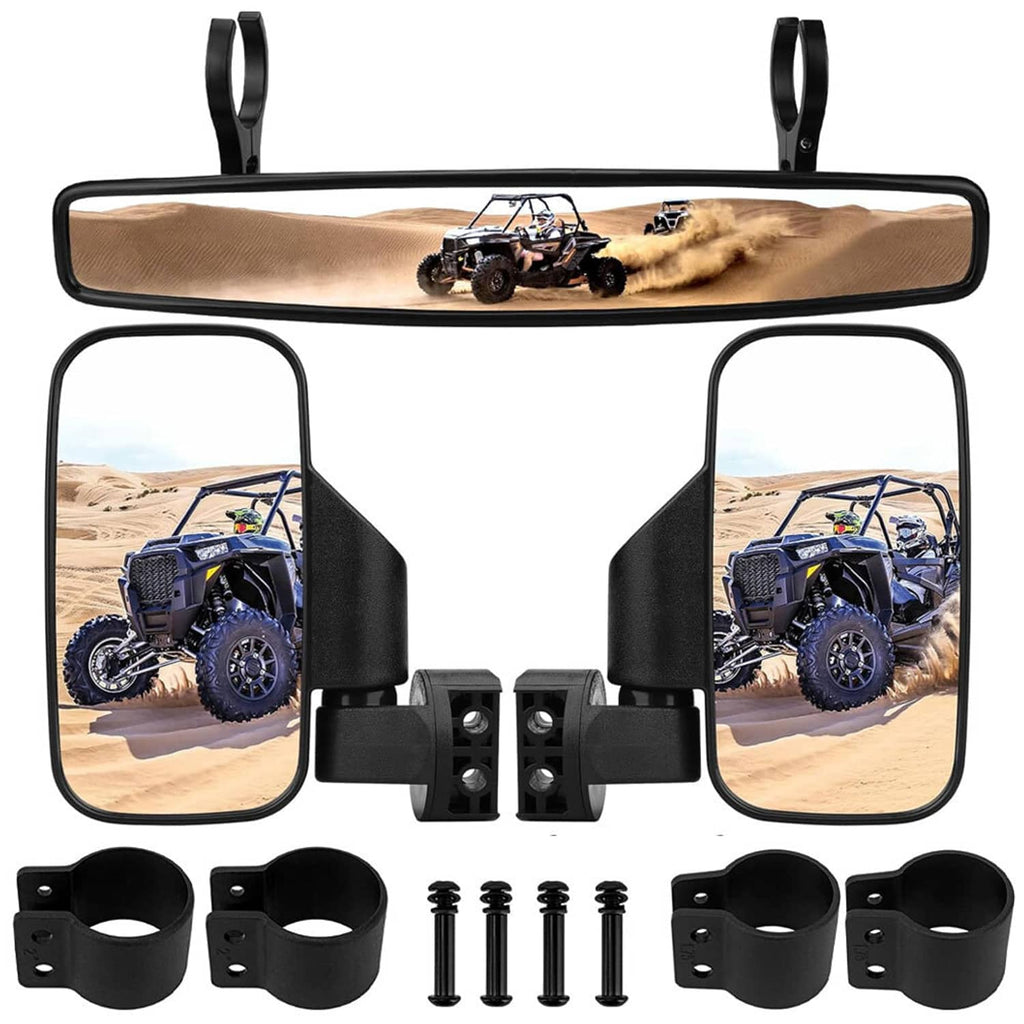 UTV mirror set with wide center mirror, two side mirrors, clamps, and mounting screws