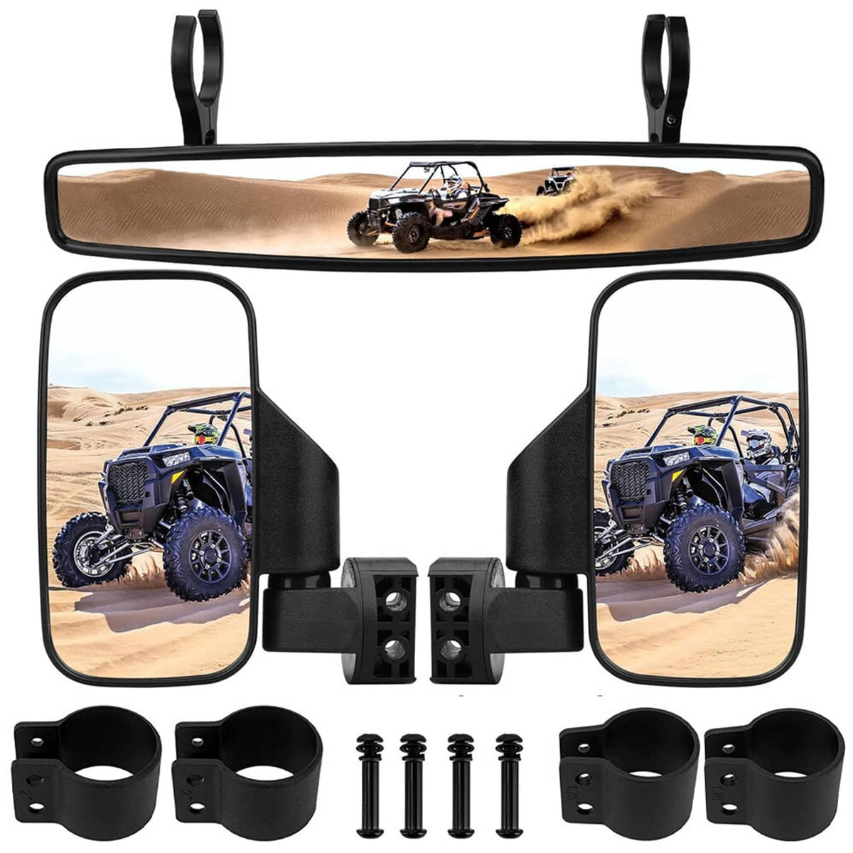 UTV mirror set with wide center mirror, two side mirrors, clamps, and mounting screws