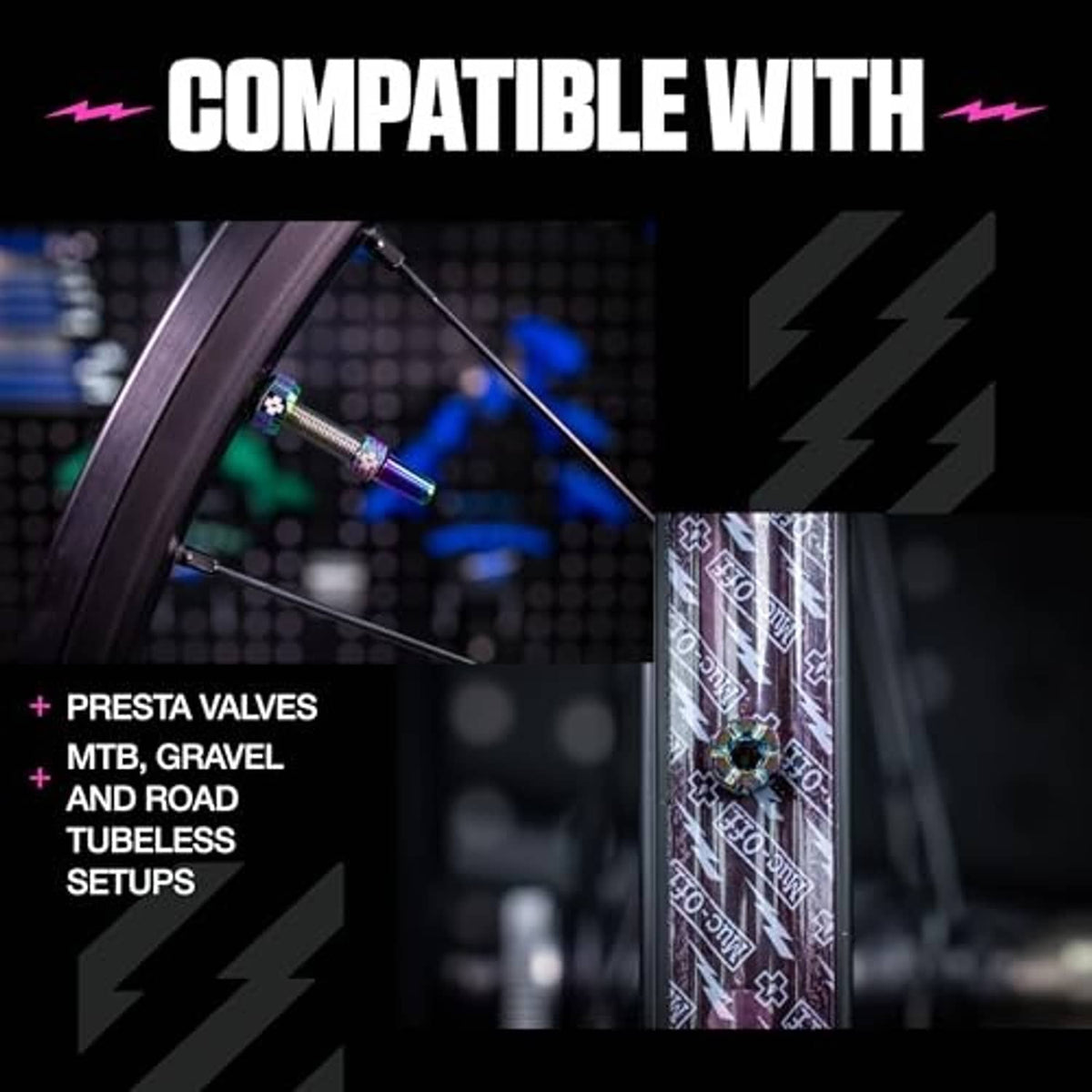 Iridescent tubeless Presta valve with rubber base on a rim