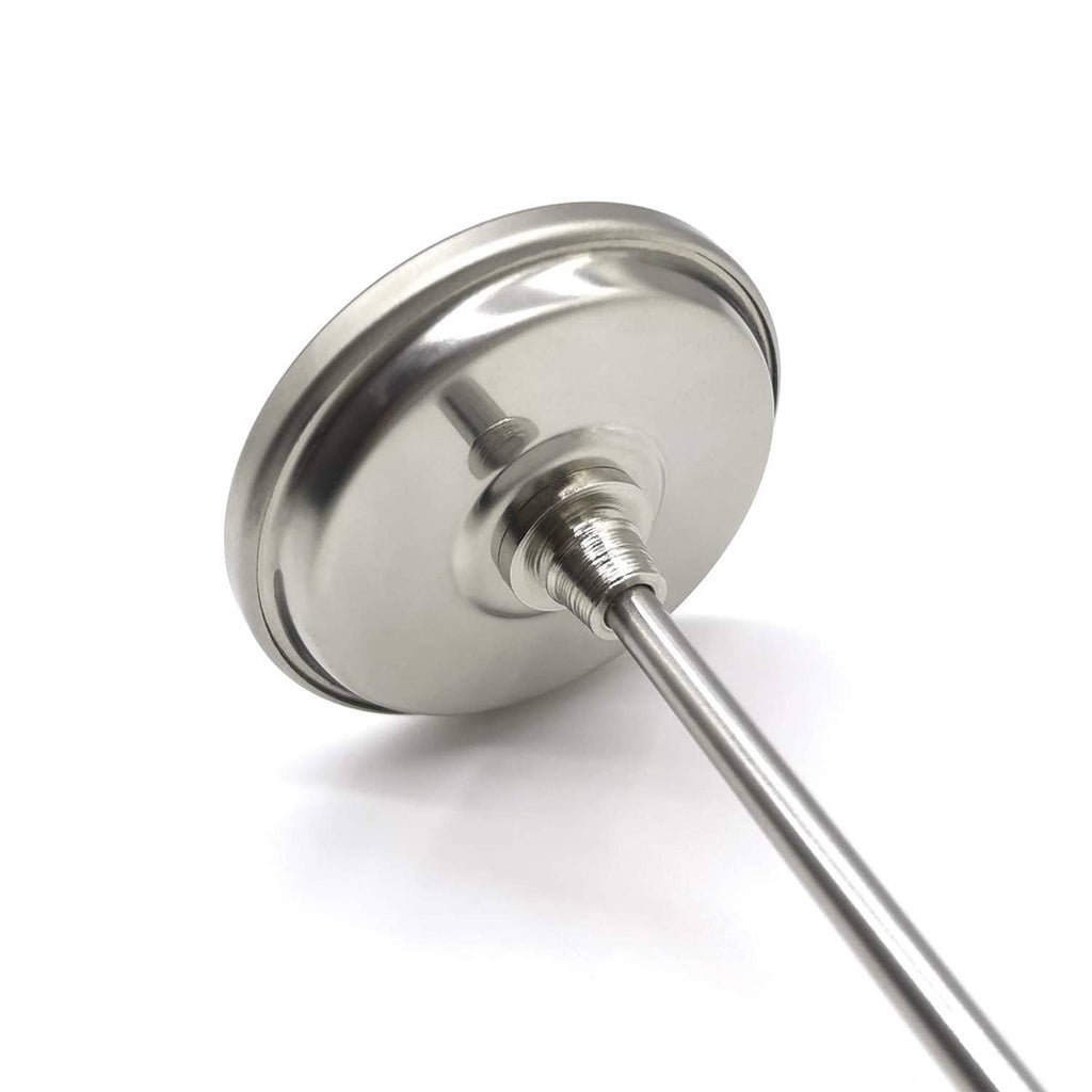 Stainless grill thermometer back view with threaded stem and mounting base