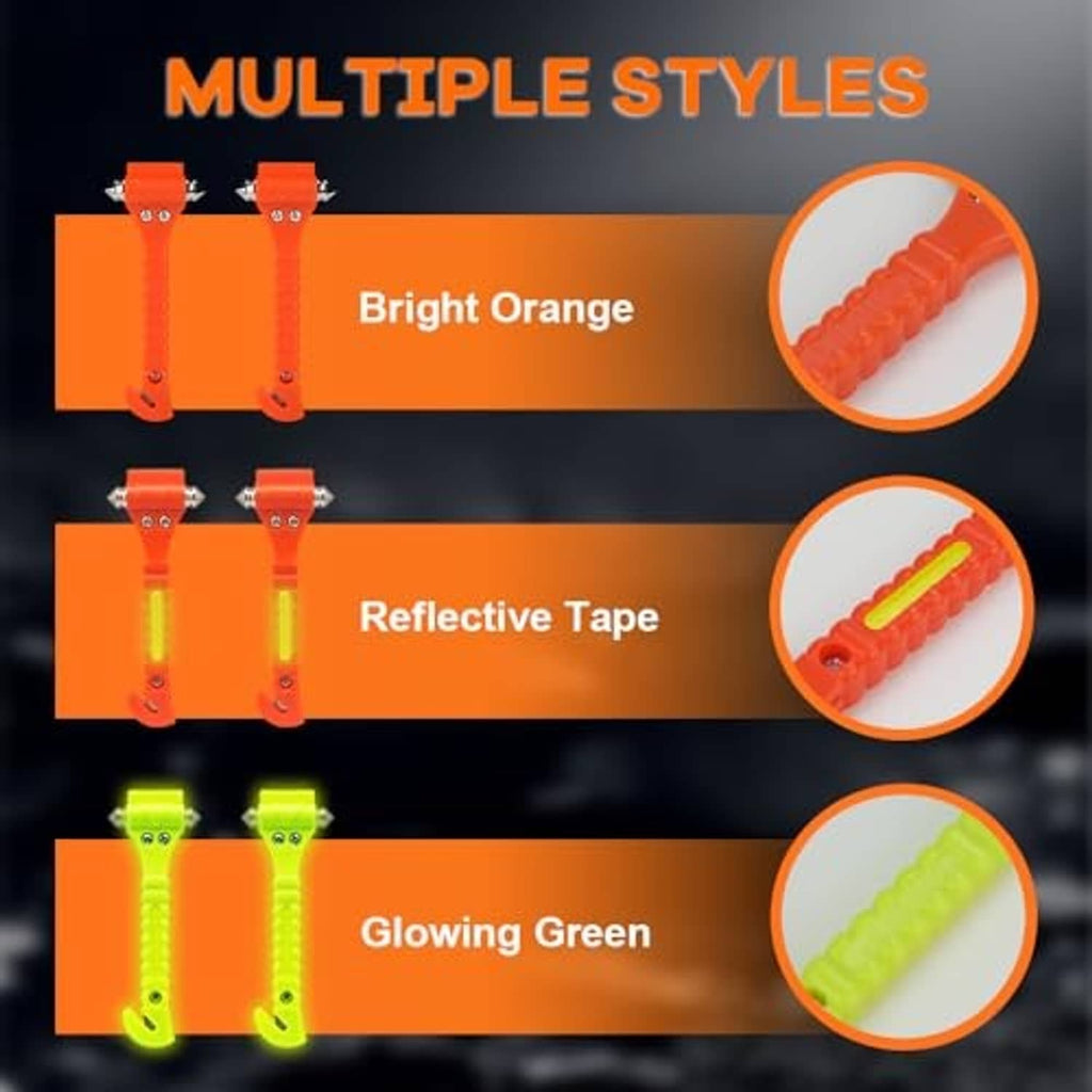 Emergency car safety hammer in multiple styles: bright orange, reflective, and glowing green