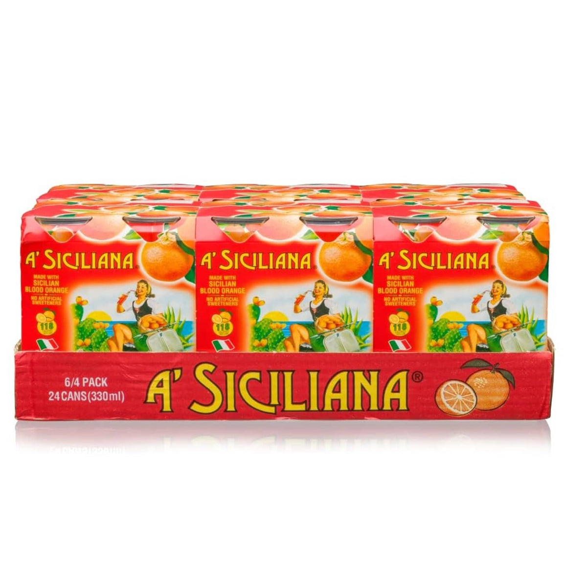 A' Siciliana Aranciata blood orange soda 6-pack carton, front view