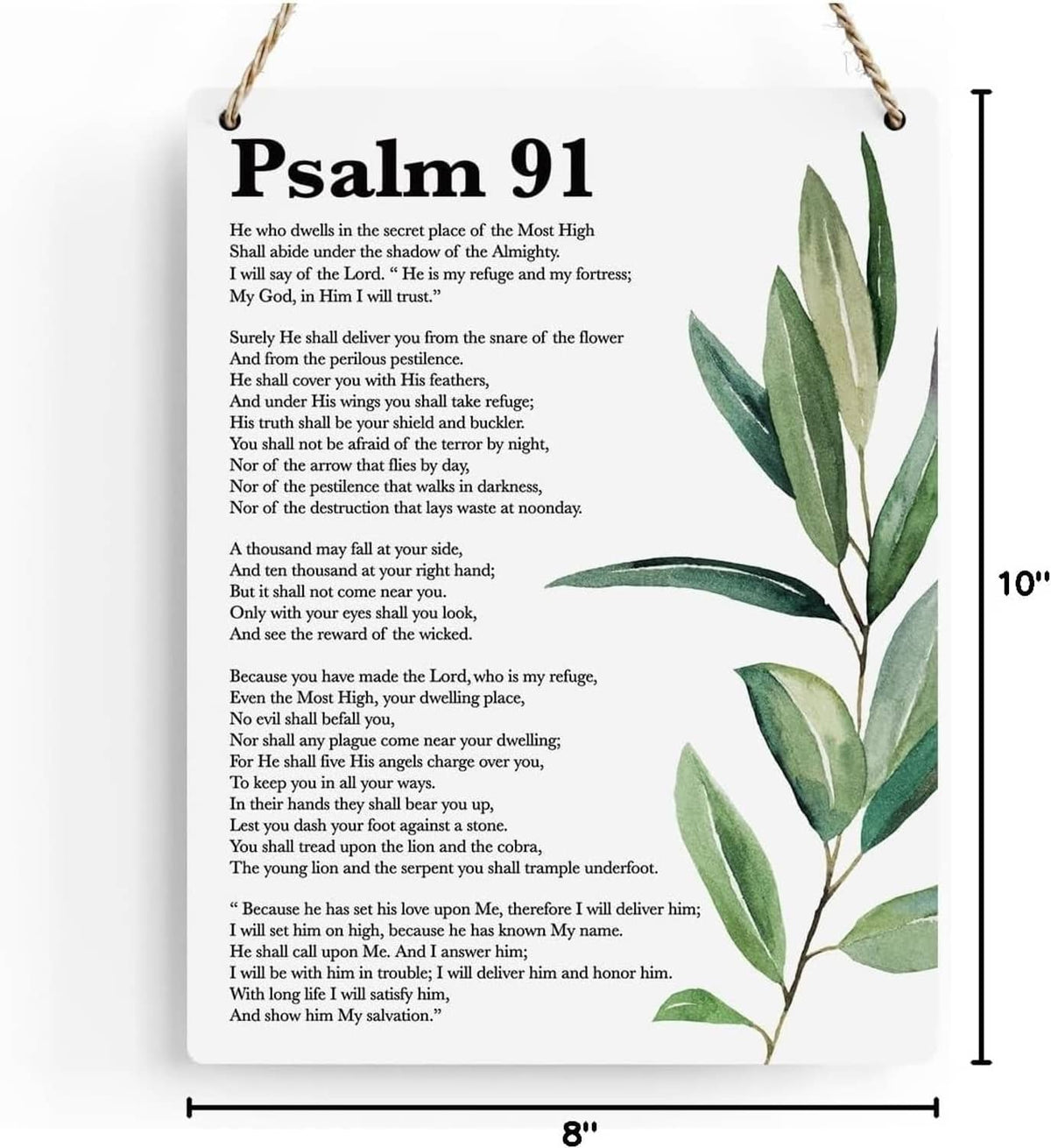 Psalm 91 scripture wall art hanging card with green leaf illustration and rope