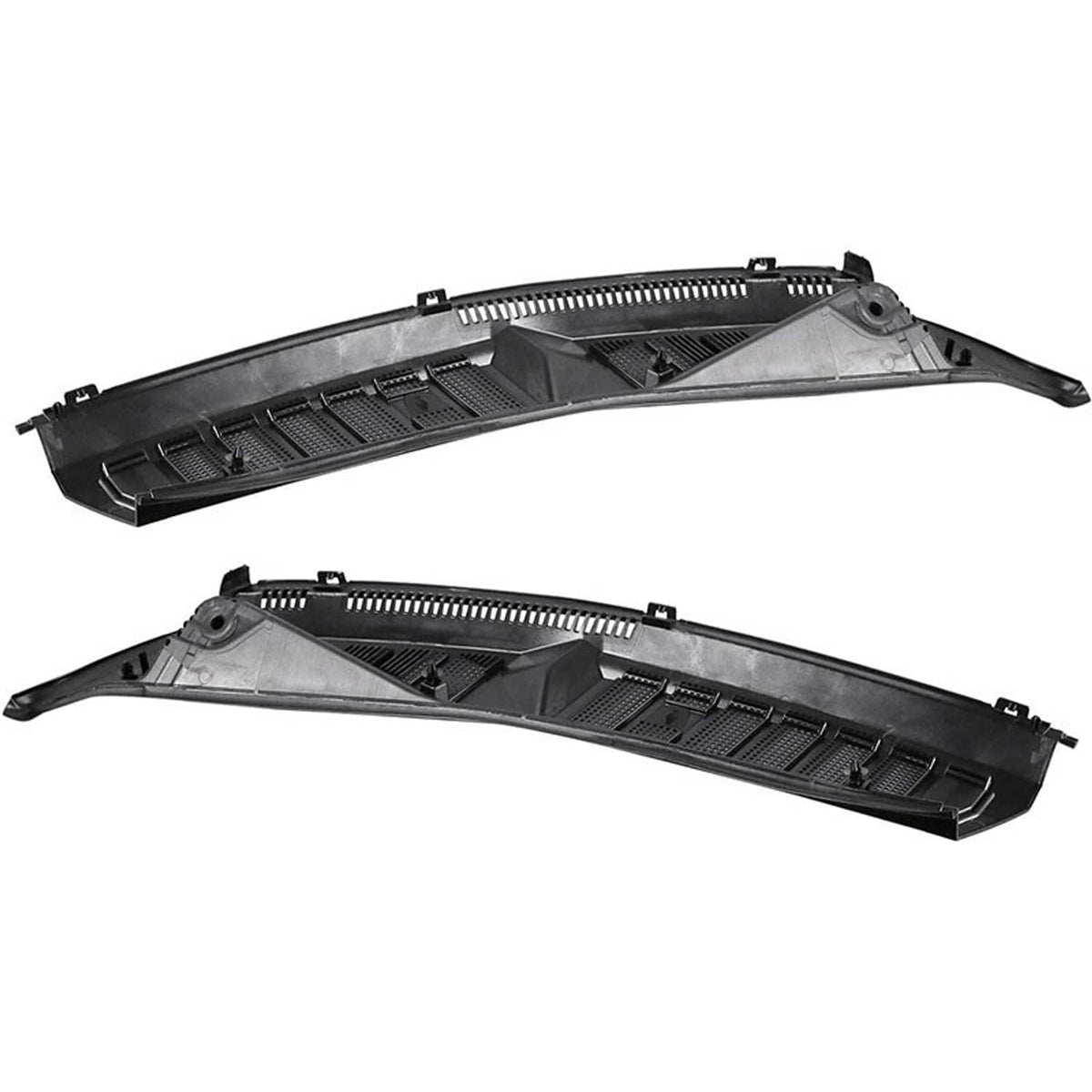 Windshield wiper cowl grille, black vented plastic, top and underside views