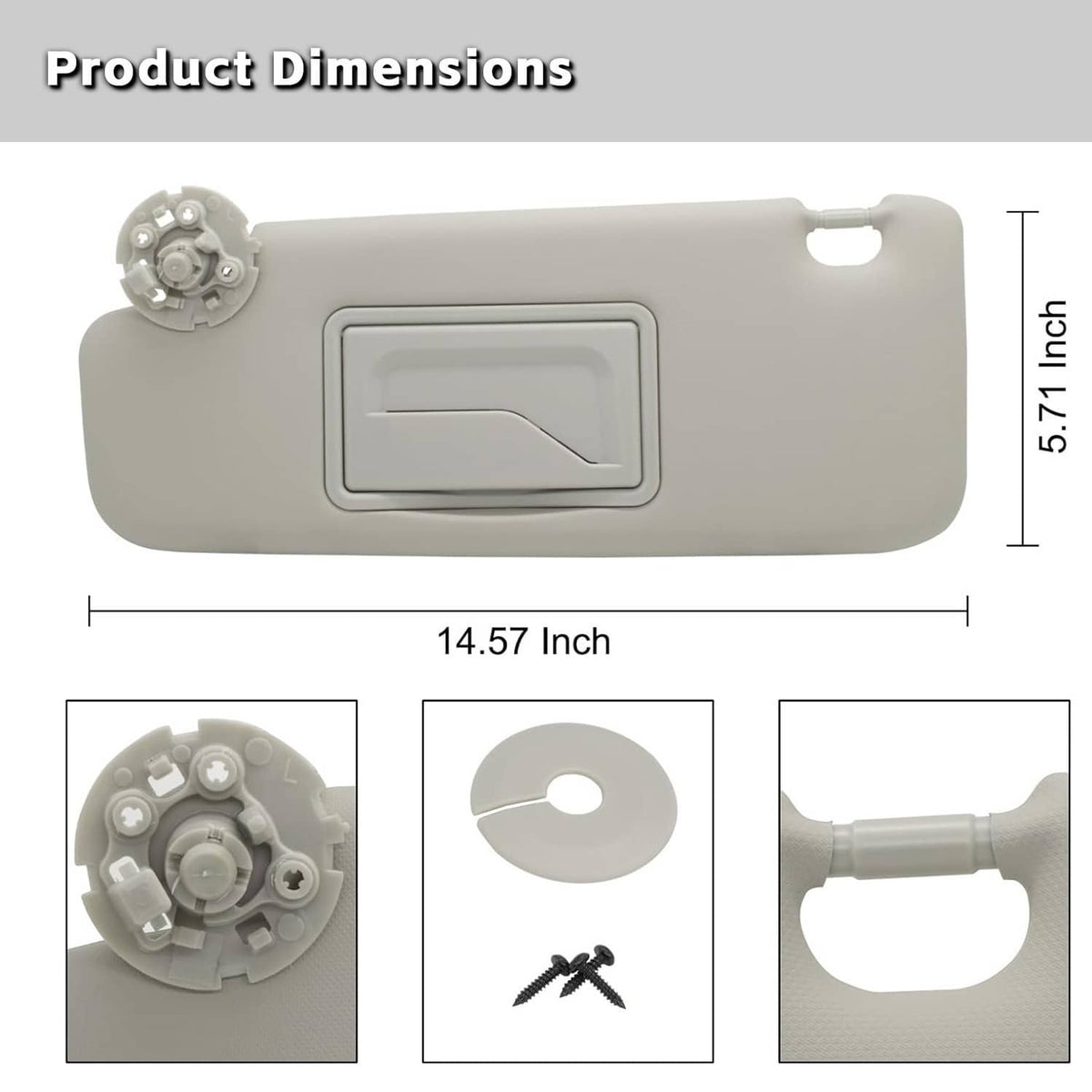 Gray left sun visor with mirror and mounting parts, shown with measurements