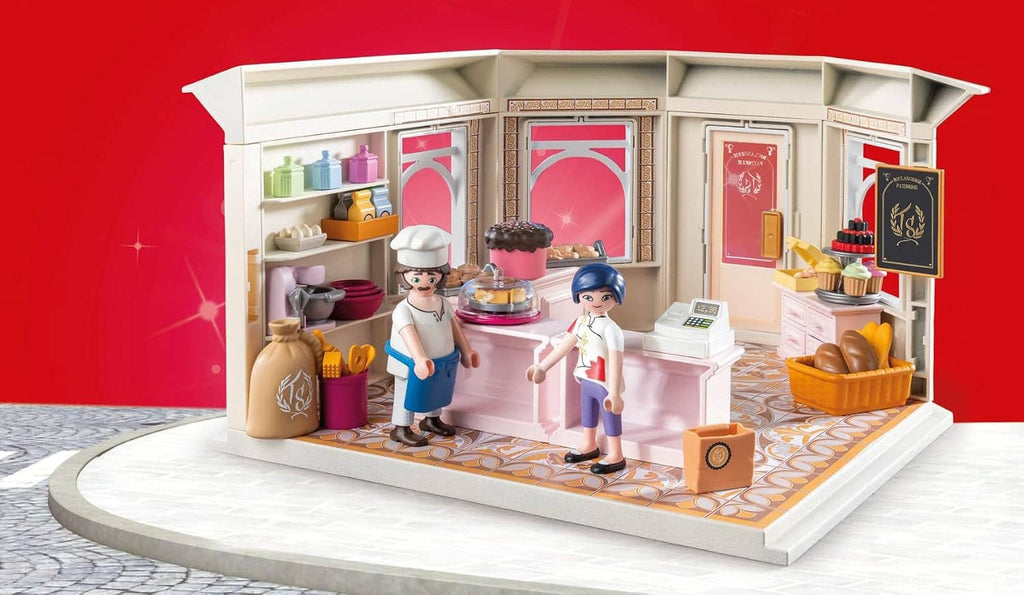 French bakery playset with open shop front, counter, accessories, and three figures