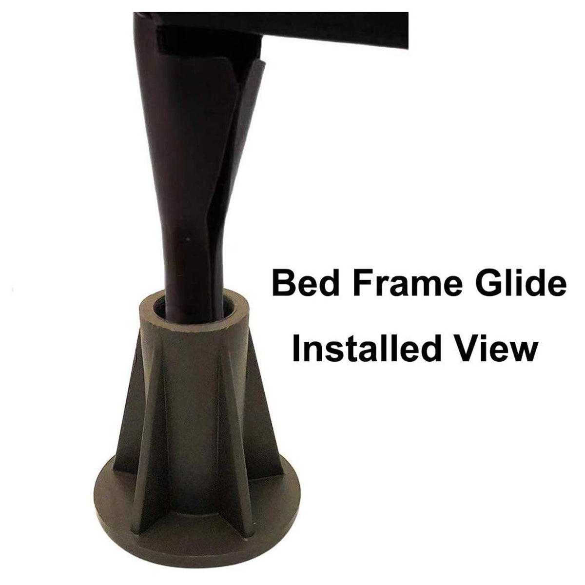 Bed frame glide installed foot with steel stem and dark brown base