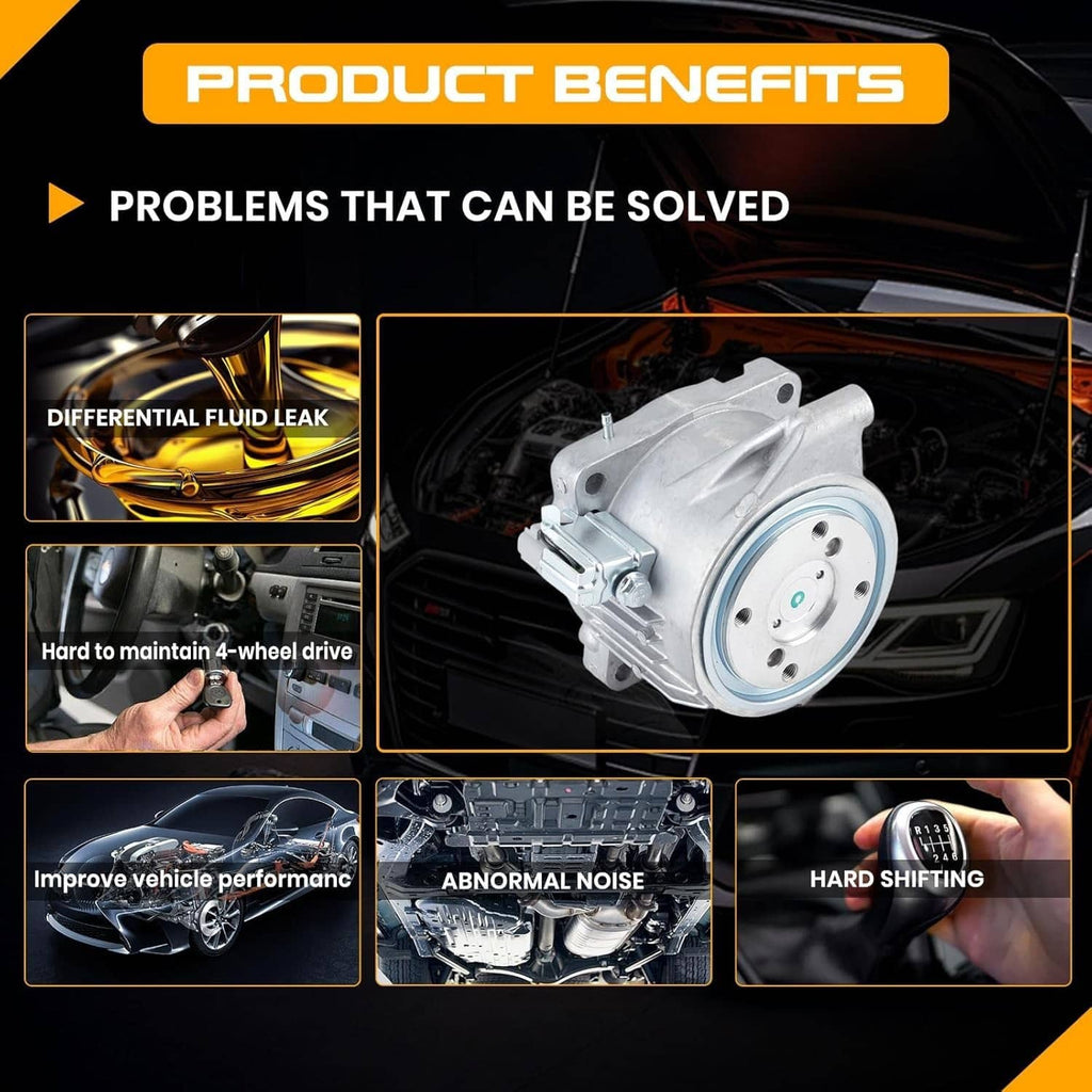 Rear differential viscous coupler in product benefits graphic with leak and noise icons