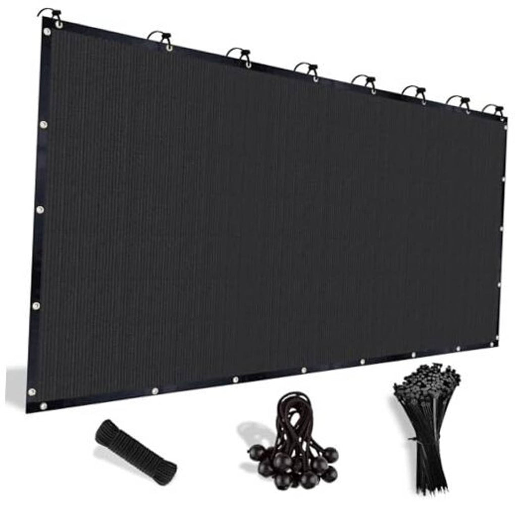 Black shade cloth panel with grommets and hanging hooks, ready for pergola use.