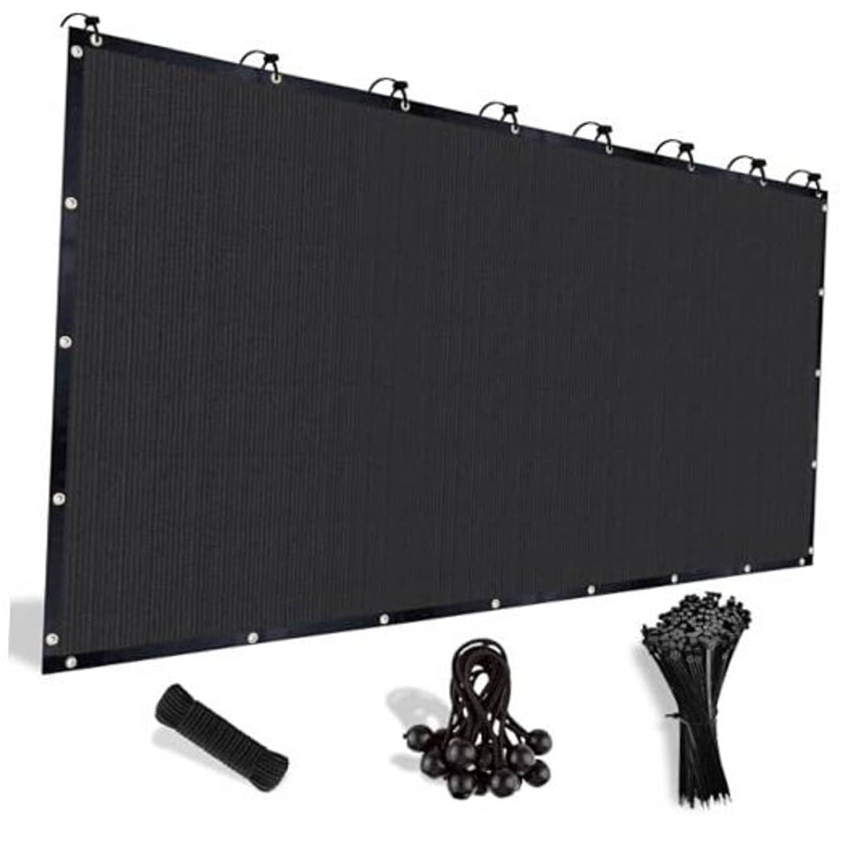 Black shade cloth panel with grommets and hanging hooks, ready for pergola use.