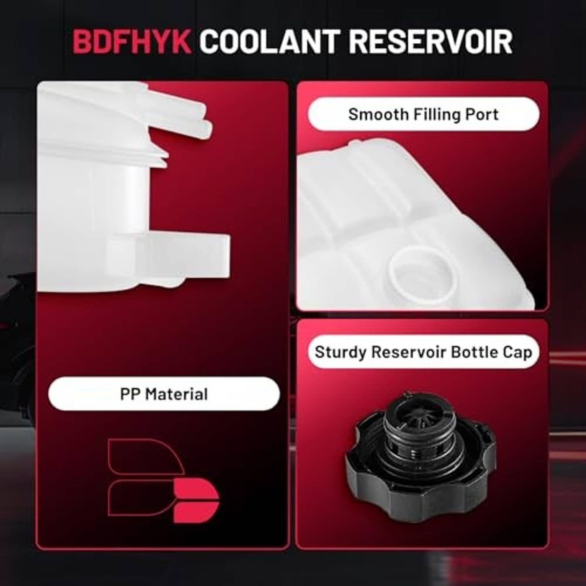 White coolant reservoir bottle with smooth fill port and black cap, feature view