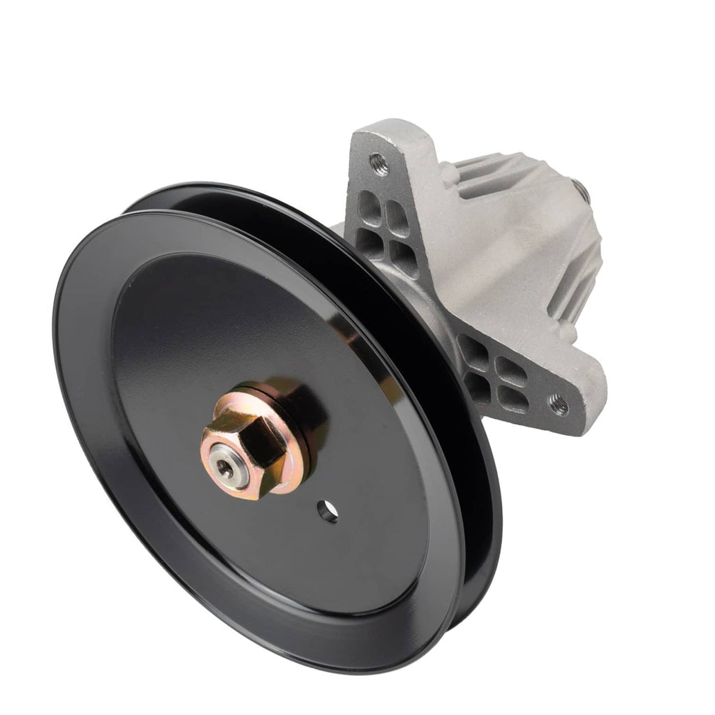 Deck spindle assembly with black pulley and silver bracket, side angle with hardware