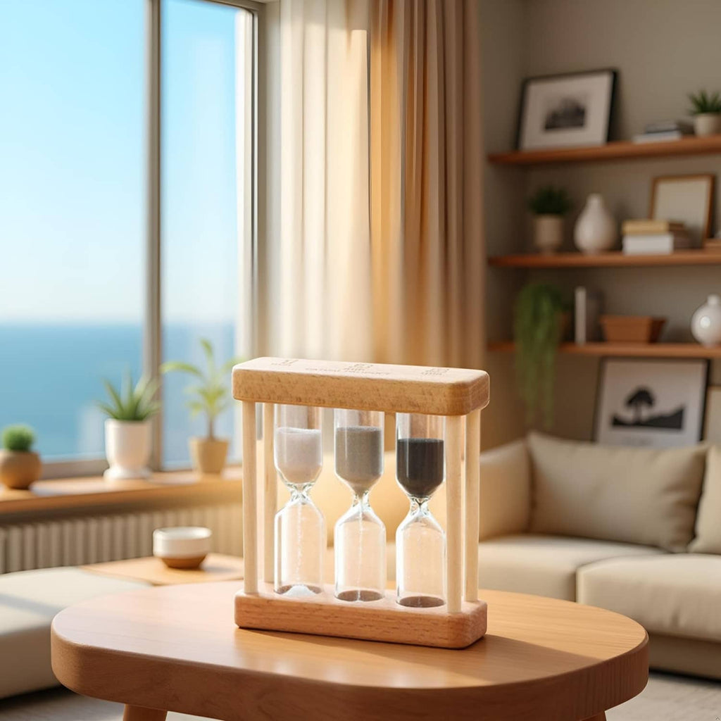 Wooden hourglass sand timer on round table with three glass chambers