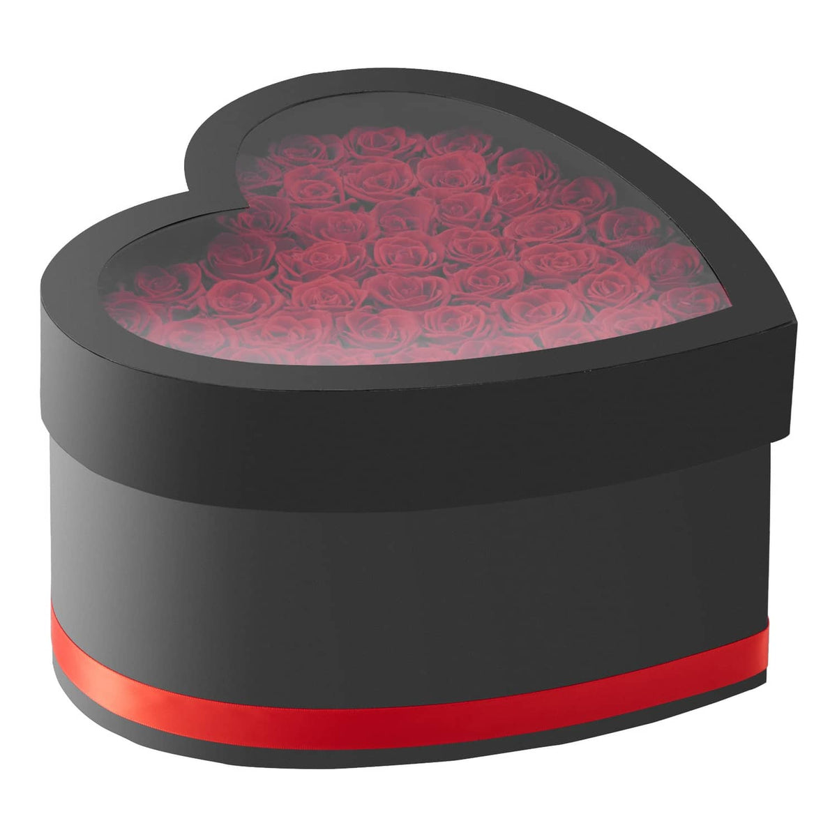 Heart-shaped rose box close-up showing dense red rose top on black heart container