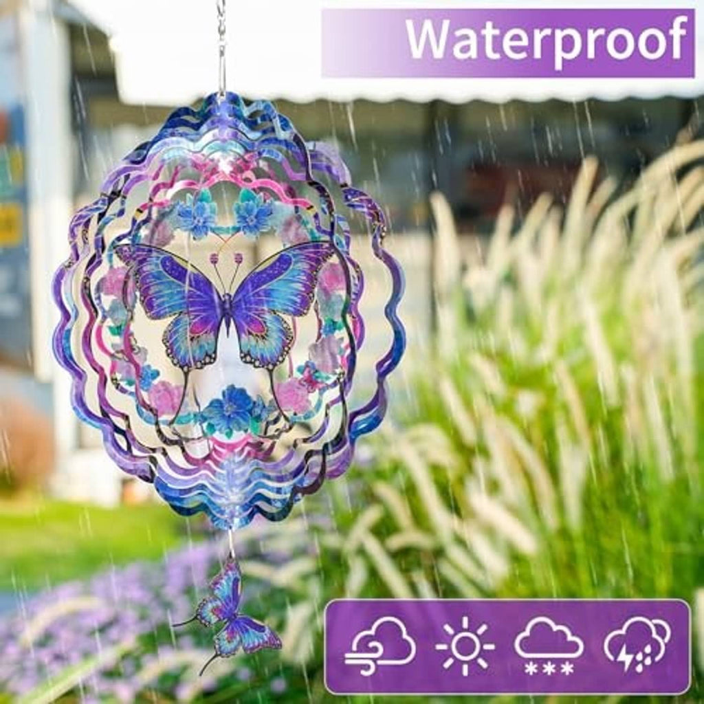 Outdoor hanging butterfly wind spinner featuring colorful butterfly centerpiece and swirl metal ring