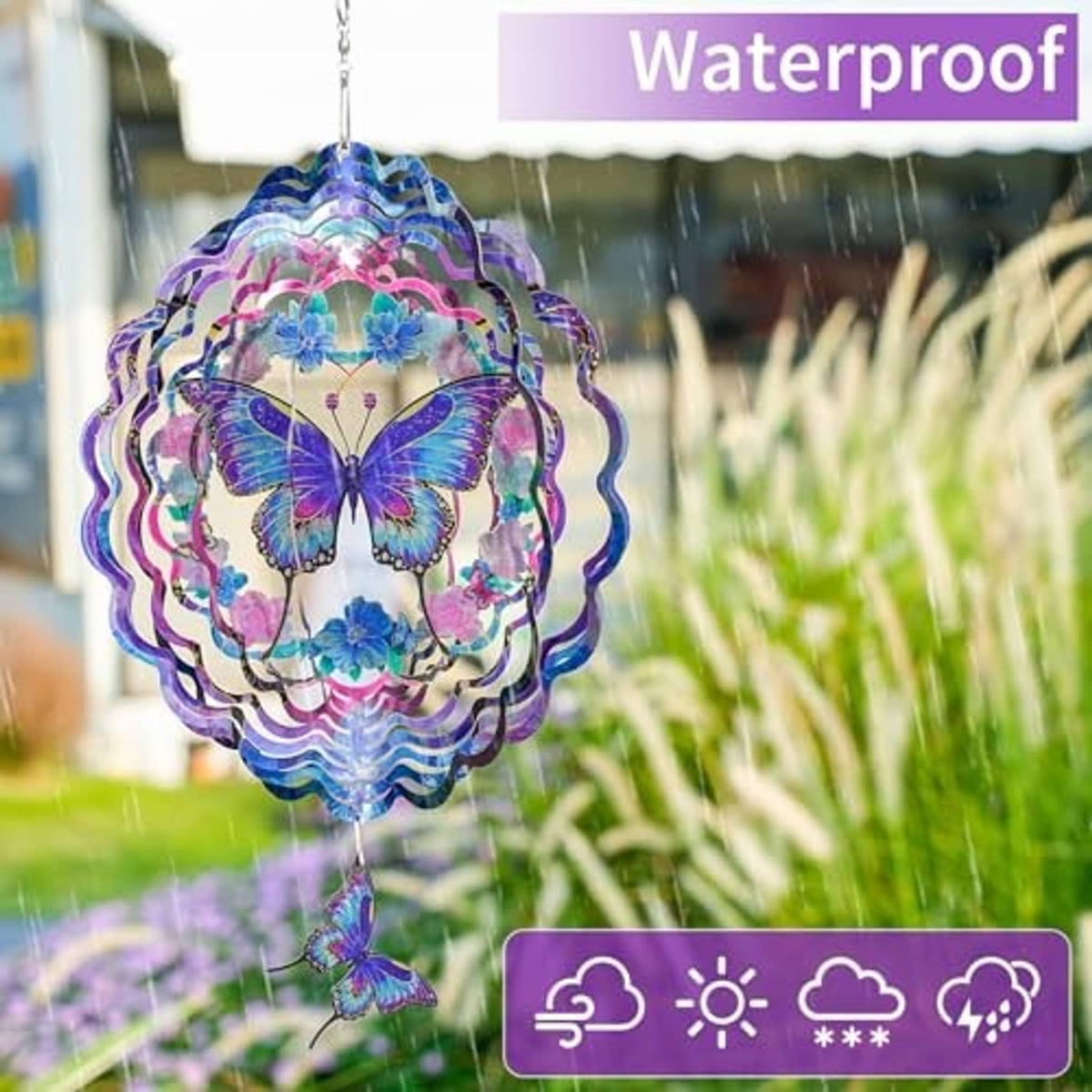 Outdoor hanging butterfly wind spinner featuring colorful butterfly centerpiece and swirl metal ring