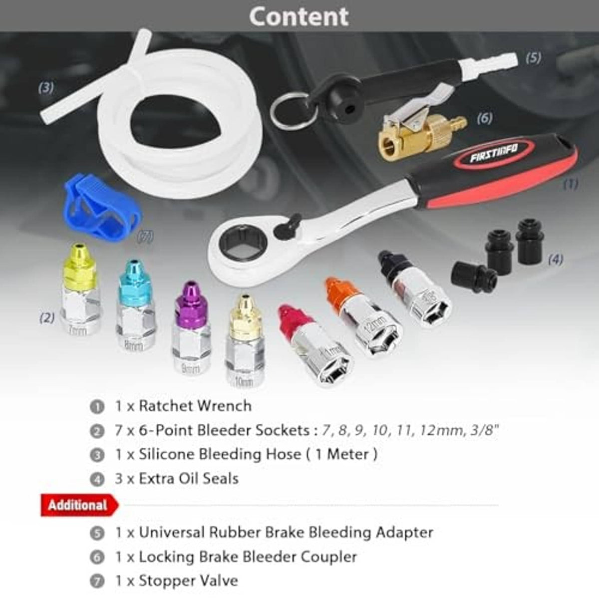 FIRSTINFO brake bleeder kit diagram: ratchet wrench, 6-point sockets 7–12mm, adapters