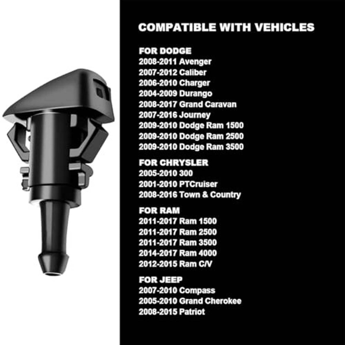 Black windshield washer nozzle with OEM-style connector and compact nozzle body