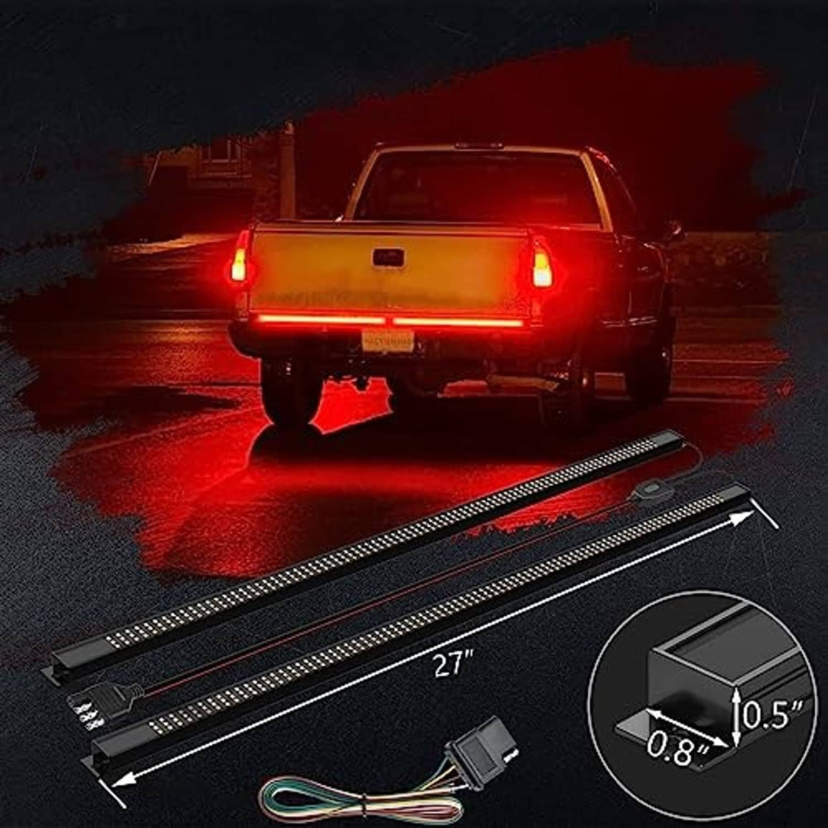 Pickup tailgate LED light bar installed with illuminated strip and wiring harness
