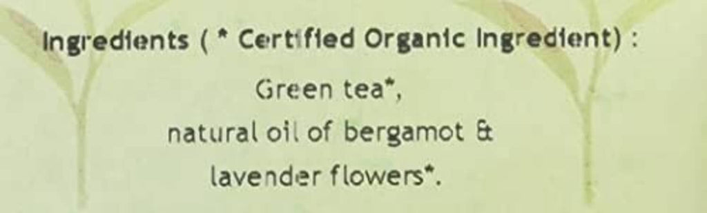 Organic earl grey green tea ingredients: green tea, bergamot oil, lavender flowers