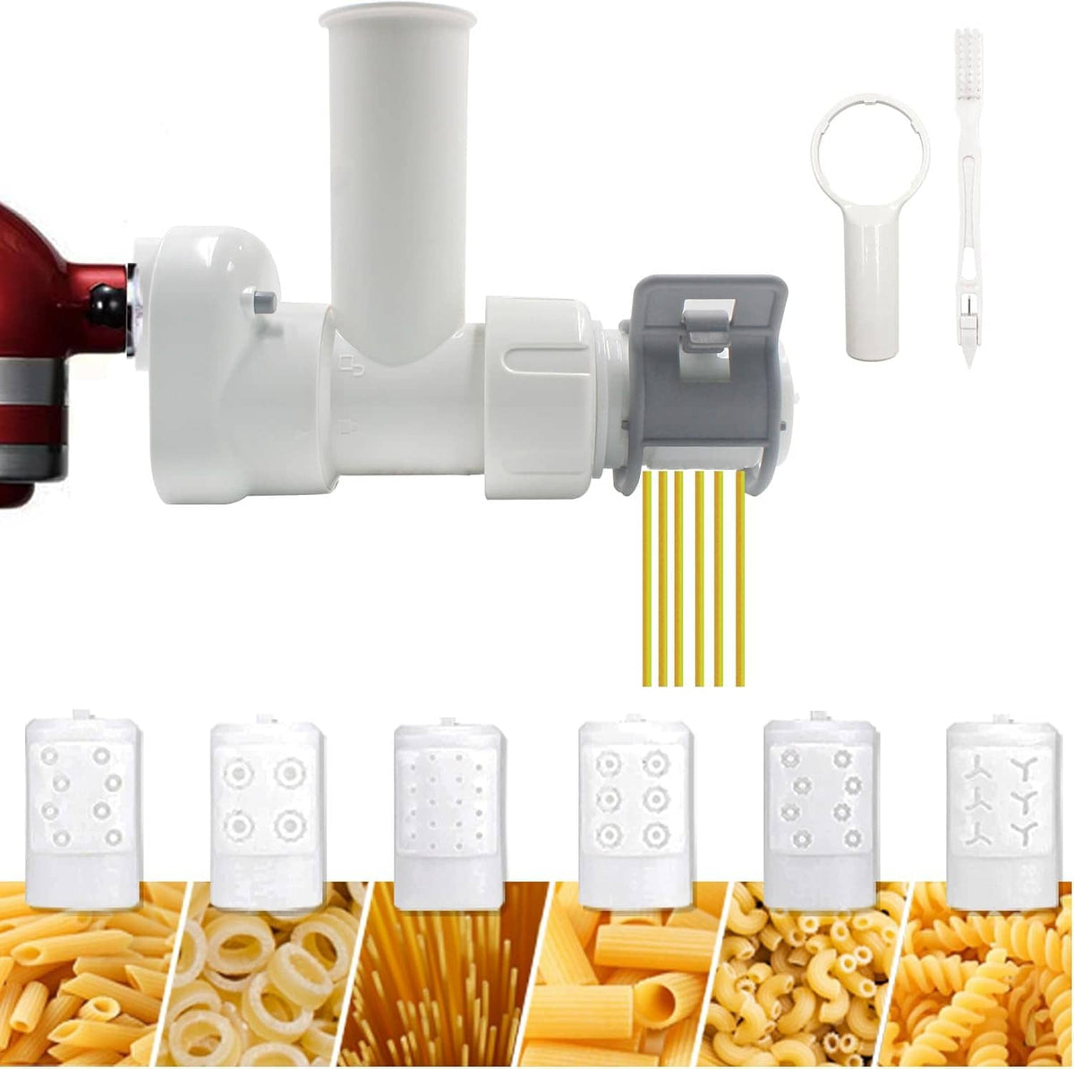 White pasta maker attachment with roller housing, clamp, and six die discs