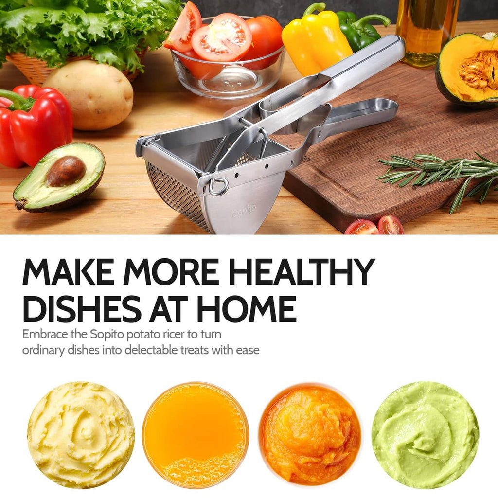 Stainless steel potato ricer on countertop near fresh vegetables and sliced produce